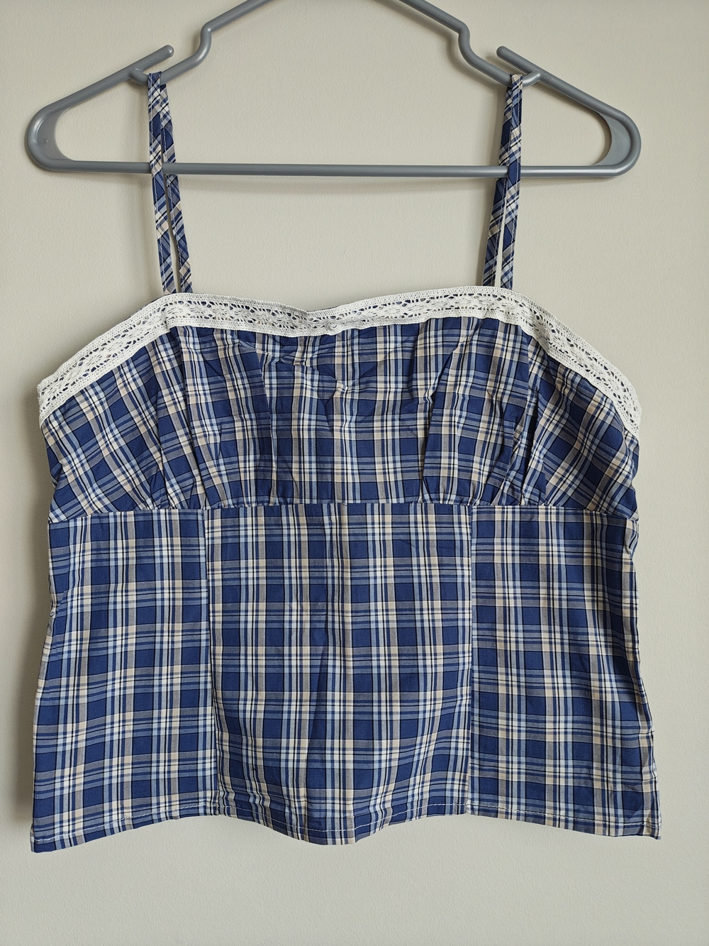Blue Plaid Spaghetti-Strap Top with Lace Trim - Picture 3 of 6